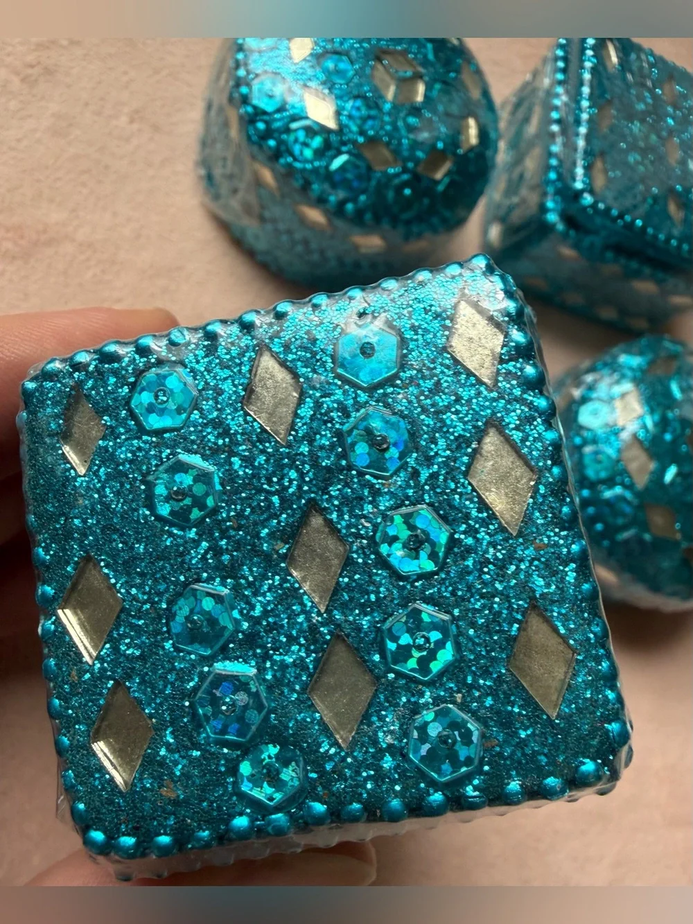 Lot of 4 Vintage Teal Blue Glitter Pill Medicine Trinket Box Mosaic Sequins
